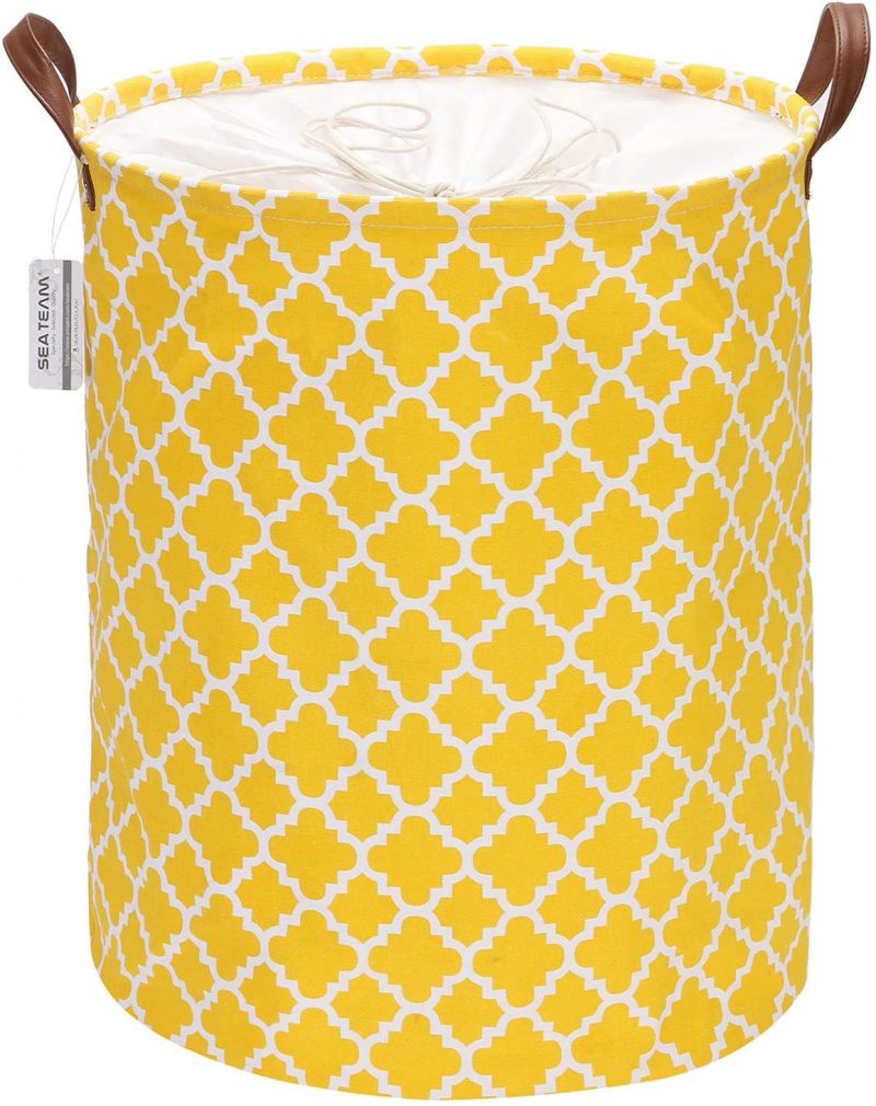 Moroccan Lattice Pattern Laundry Hamper Canvas Fabric Laundry Basket Collapsible Storage Bin with PU Leather Handles and Drawstring Closure