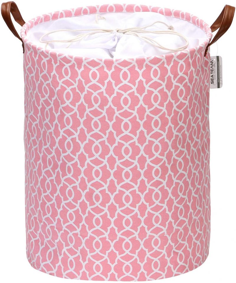 Moroccan Lattice Pattern Laundry Hamper Canvas Fabric Laundry Basket Collapsible Storage Bin with PU Leather Handles and Drawstring Closure