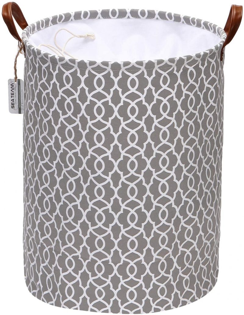 Moroccan Lattice Pattern Laundry Hamper Canvas Fabric Laundry Basket Collapsible Storage Bin with PU Leather Handles and Drawstring Closure